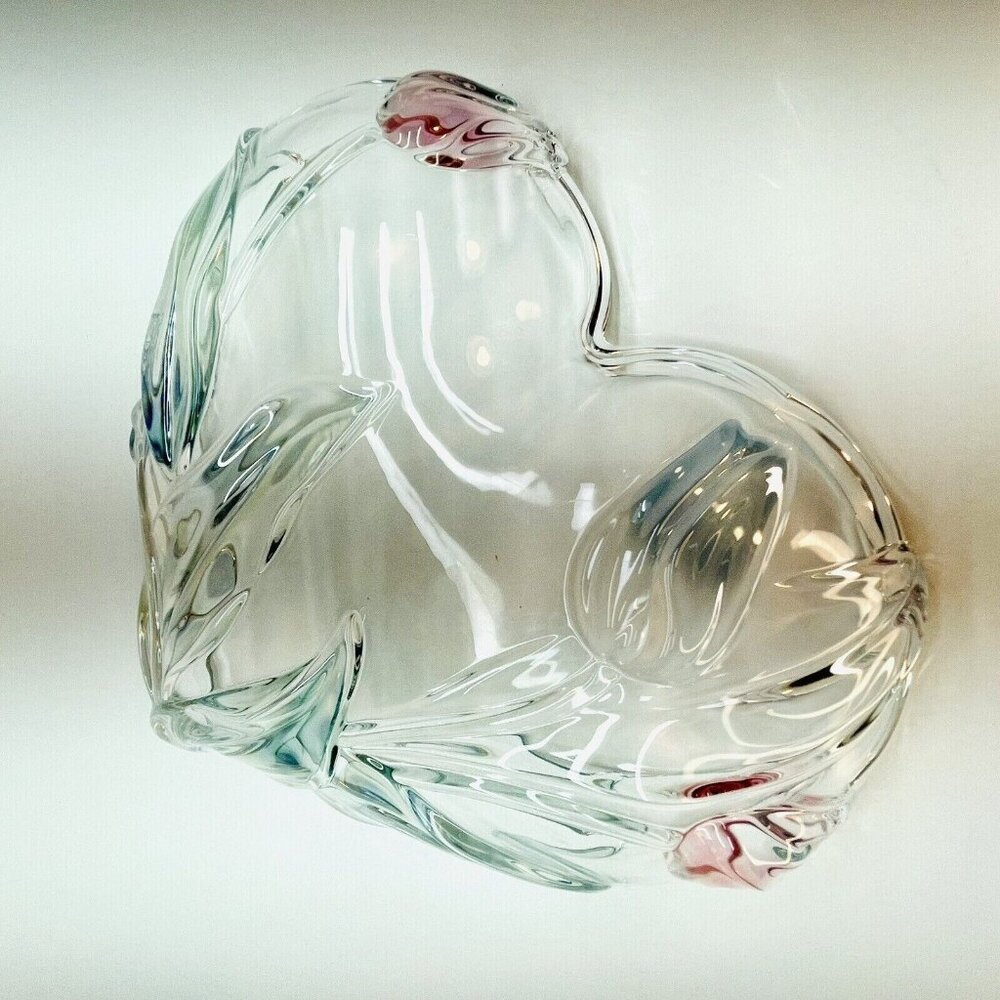 Mikasa Tivoli Crystal Serving Tray Heart Shaped W Blue Red Tulips Germany 9.5" - Picture 10 of 11